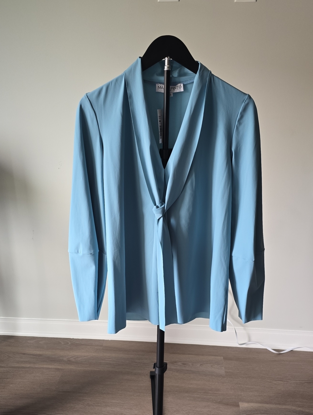 New Maria Pingo Jiro Blouse In Rain Sky Blue Tie-Neck Long Sleeve Top XS